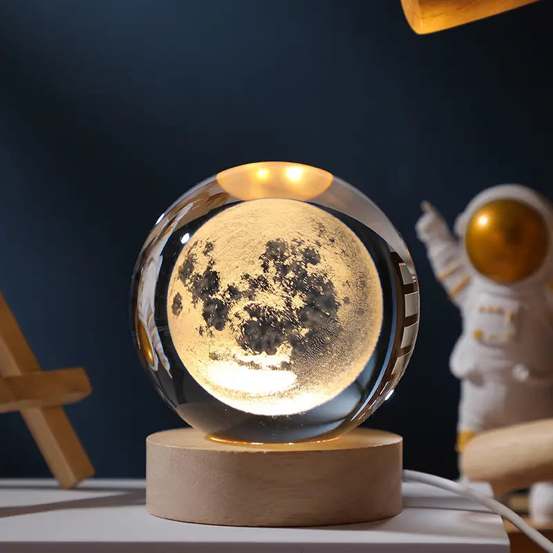 3D Moon/Sky Crystal Ball Night Lamp with Wooden Base